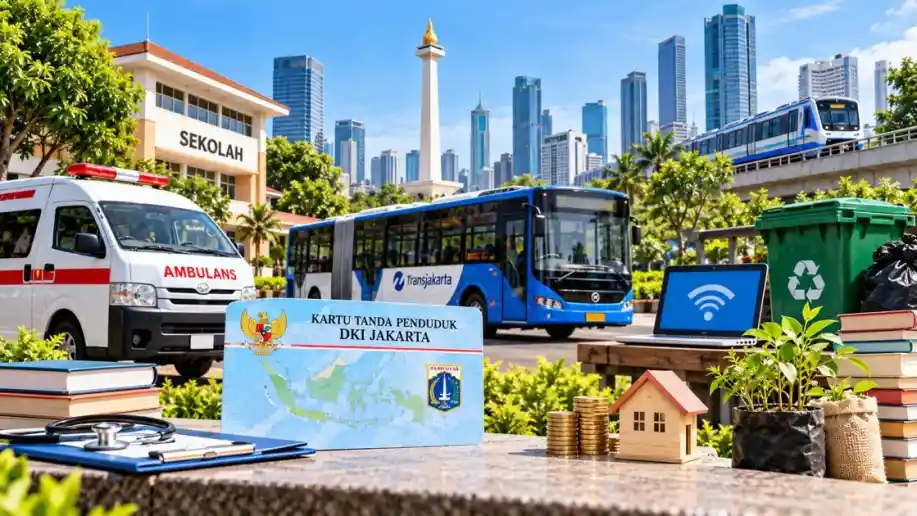 Ilustrasi layanan publik gratis Jakarta dengan bus Transjakarta, ambulans, kartu identitas, buku, dan bibit tanaman.