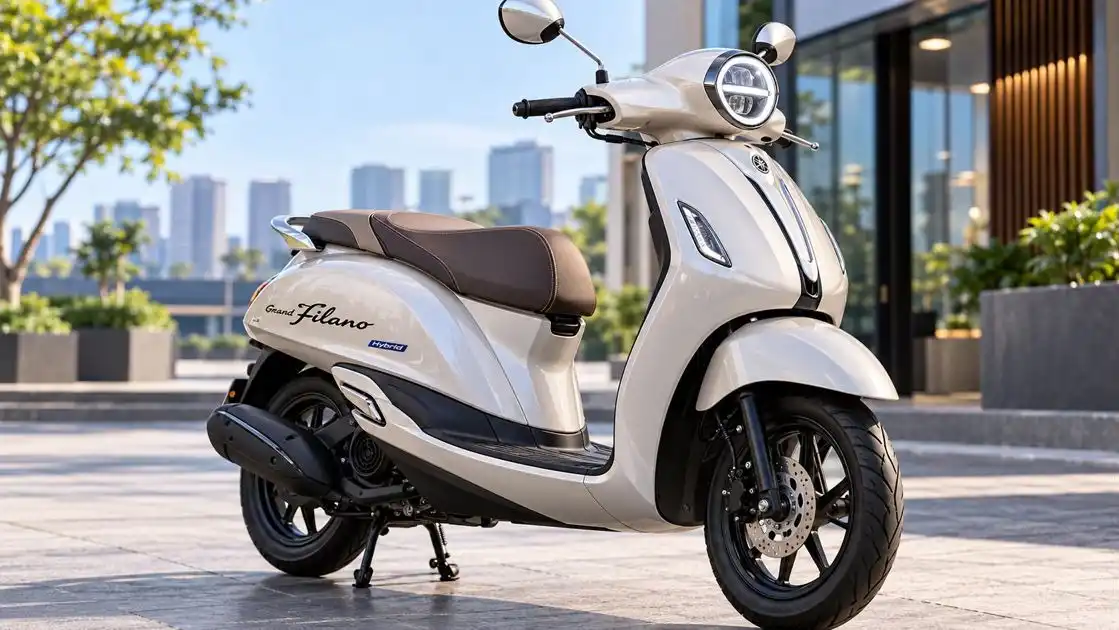 Skuter Yamaha Grand Filano Hybrid berwarna krem dengan jok cokelat di area perkotaan.
