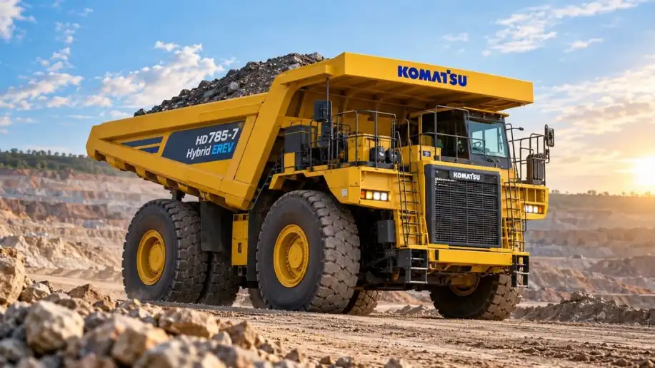 Truk tambang Komatsu HD785-7 Hybrid EREV berwarna kuning di area pertambangan terbuka.