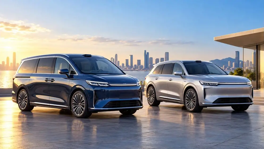 SUV listrik Luxeed Stormax dan minivan premium LLounge dalam suasana perkotaan modern.