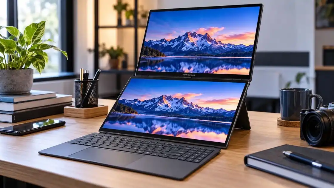 Laptop ASUS Zenbook DUO dengan dua layar OLED dan keyboard lepas di atas meja kerja modern.