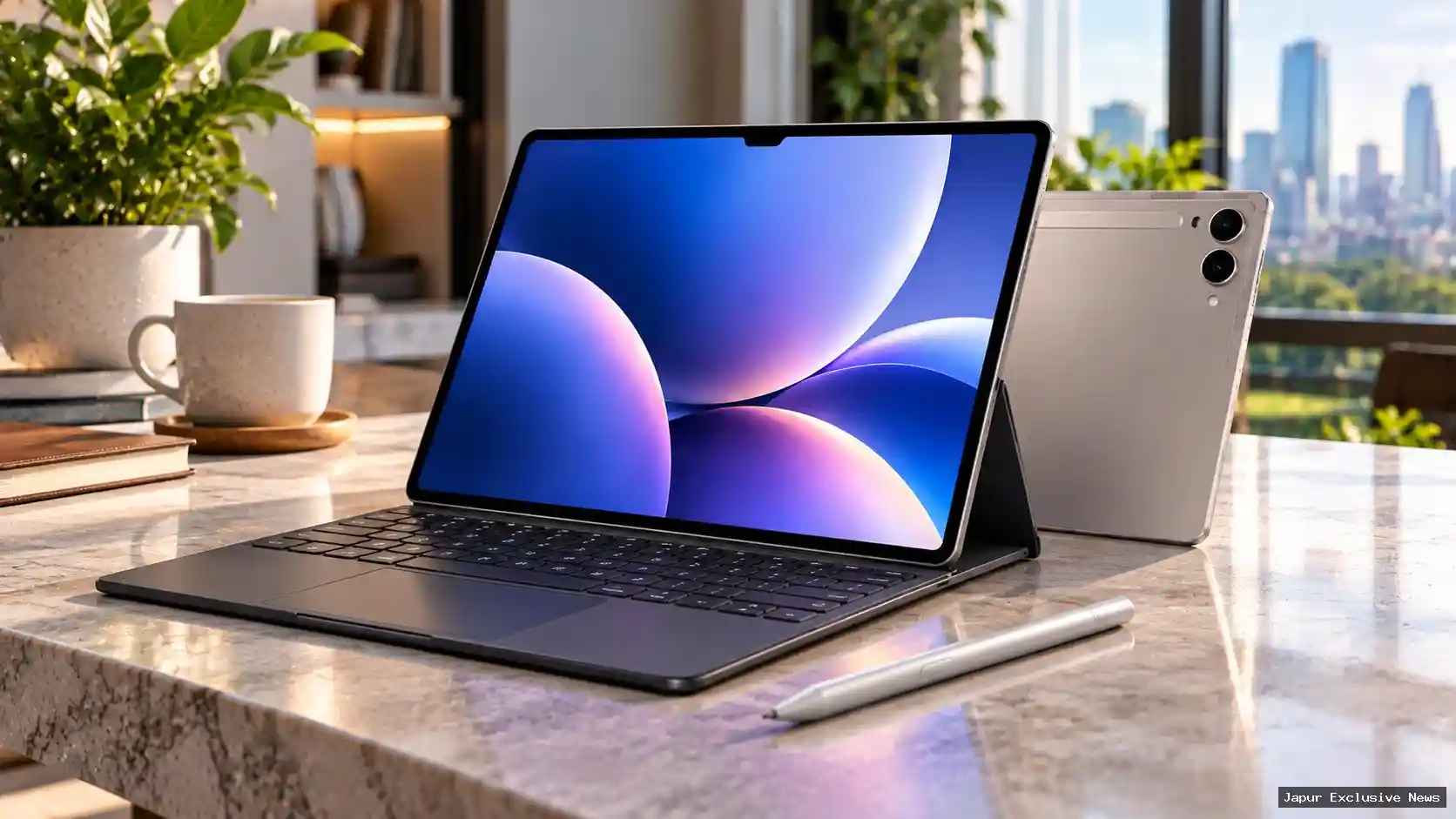 Tablet modern dengan keyboard dan stylus di meja kerja