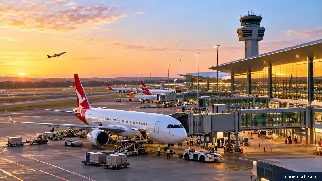 Pesawat penumpang di terminal modern Bandara Internasional Sydney Barat saat matahari terbenam.