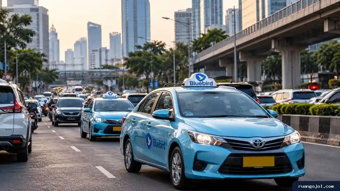 Taksi Bluebird berwarna biru melintas di tengah kemacetan jalan perkotaan Jakarta.