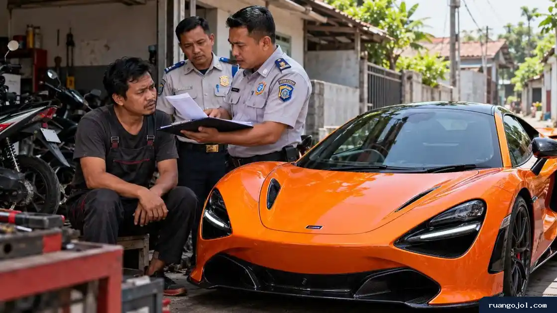Mobil sport McLaren oranye di depan bengkel sederhana saat mekanik memeriksa dokumen bersama petugas.