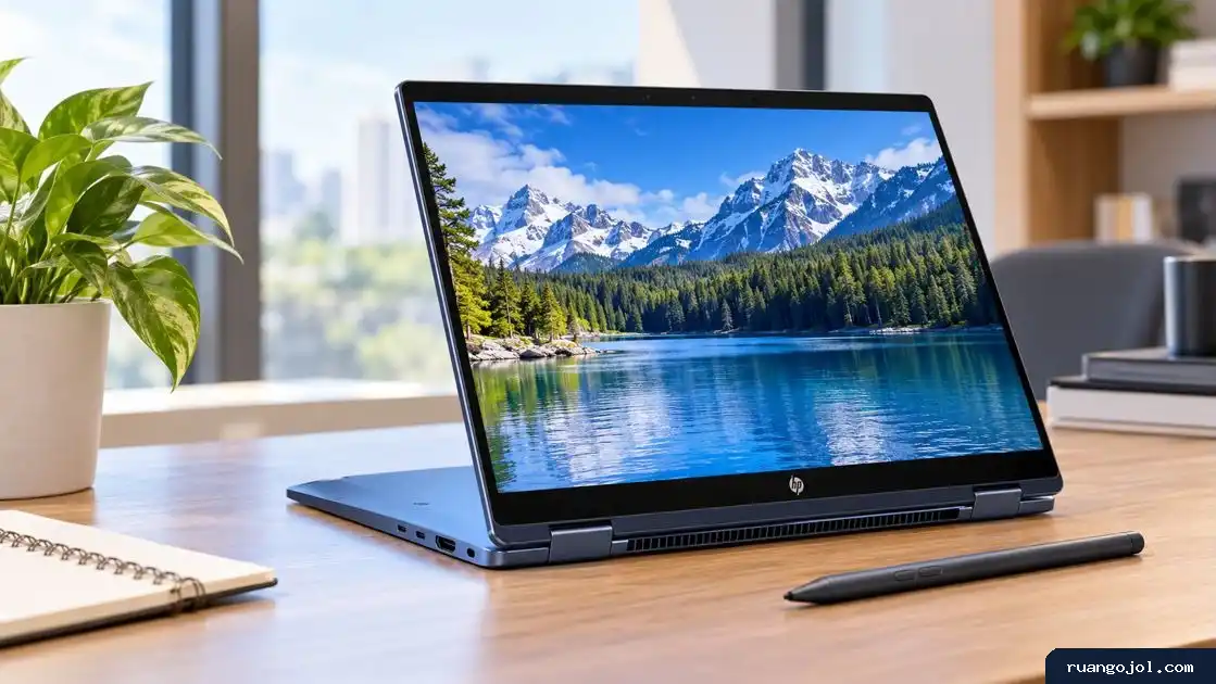 Laptop HP OmniBook X Flip berwarna biru dalam mode tenda dengan stylus di atas meja kerja.