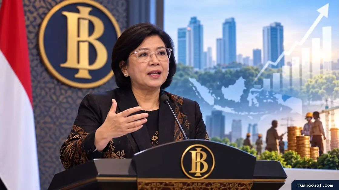 Gedung Bank Indonesia dengan ilustrasi pergerakan ekonomi dan pertumbuhan sektor riil di Indonesia.