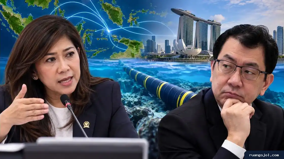 Ilustrasi kabel internet bawah laut yang menghubungkan Indonesia dan Singapura dengan latar peta Asia Tenggara.