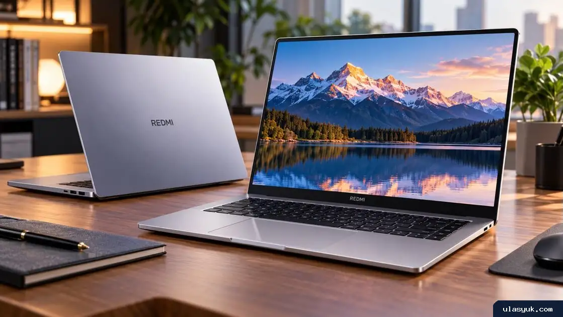 Laptop REDMI Book 2027 berdesain aluminium tipis dengan layar lebar di atas meja kerja modern.