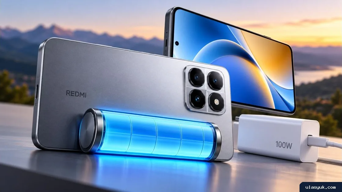 Smartphone Redmi berwarna perak dengan ilustrasi baterai biru bercahaya dan pengisi daya cepat 100 watt.