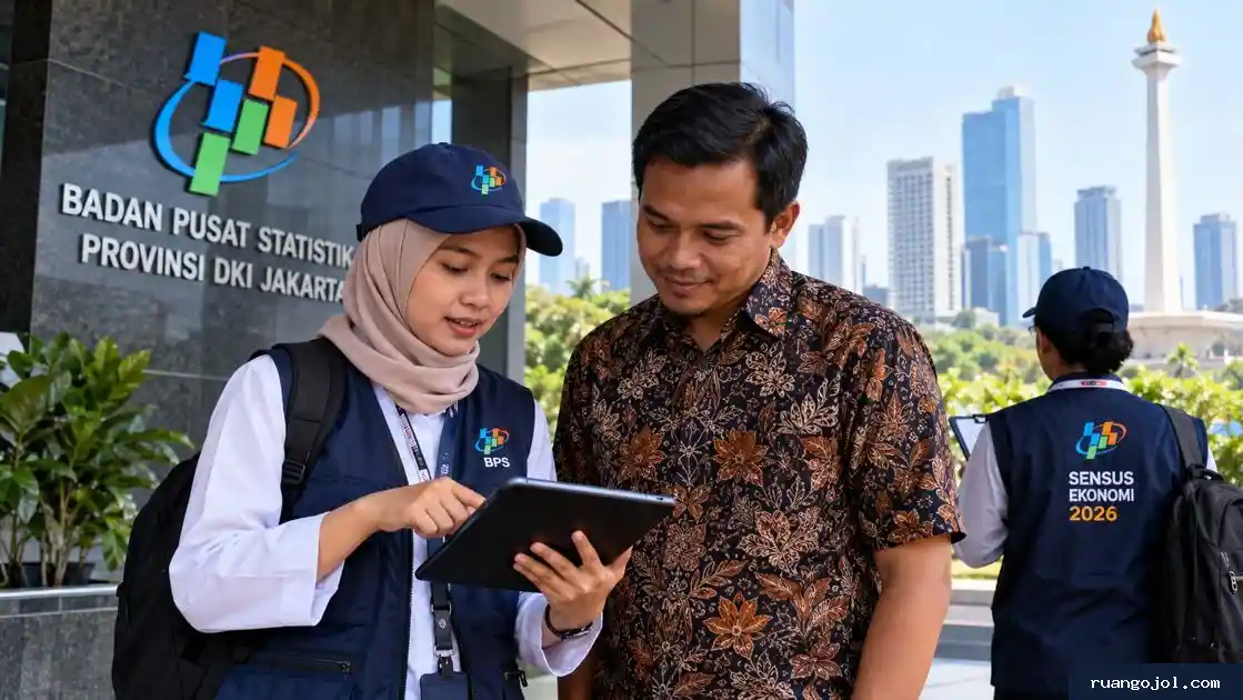 Petugas BPS mendata pelaku usaha menggunakan tablet di depan gedung BPS DKI Jakarta.