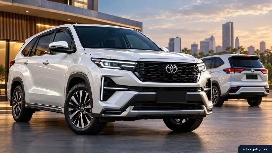 Ilustrasi MPV Toyota bergaya modern dengan grille besar, lampu LED tajam, dan latar jalan perkotaan.