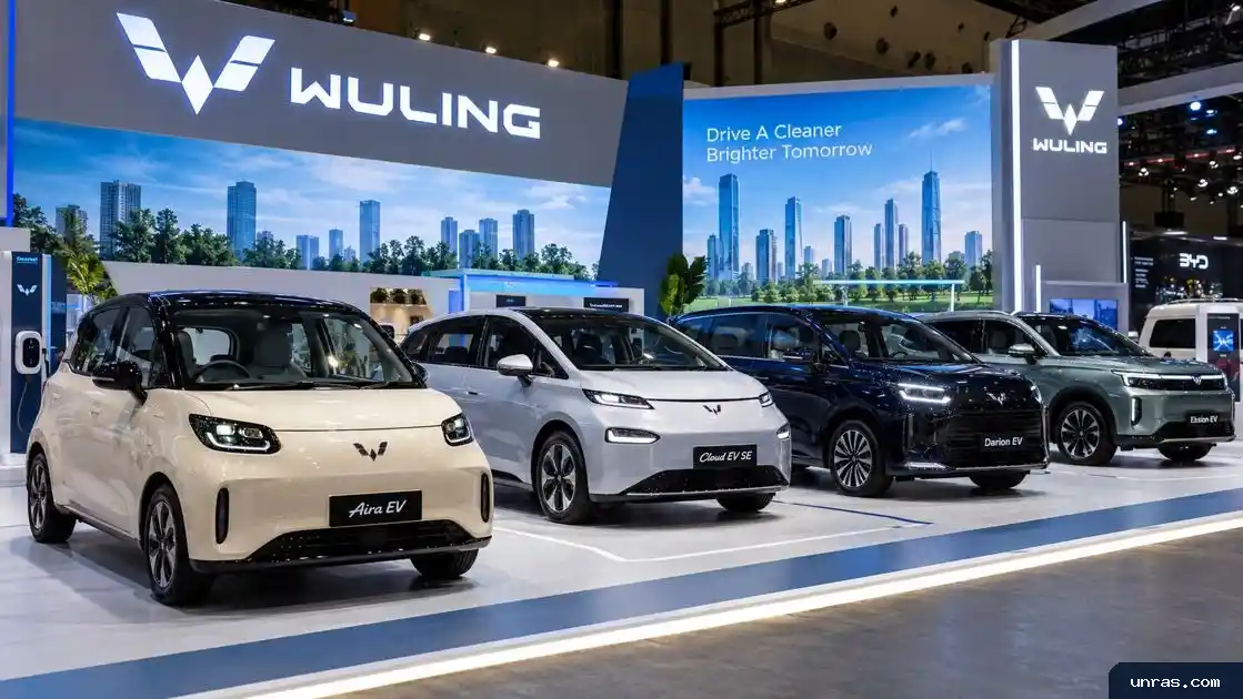Empat mobil elektrifikasi Wuling dipamerkan di area pameran otomotif PEVS 2026.